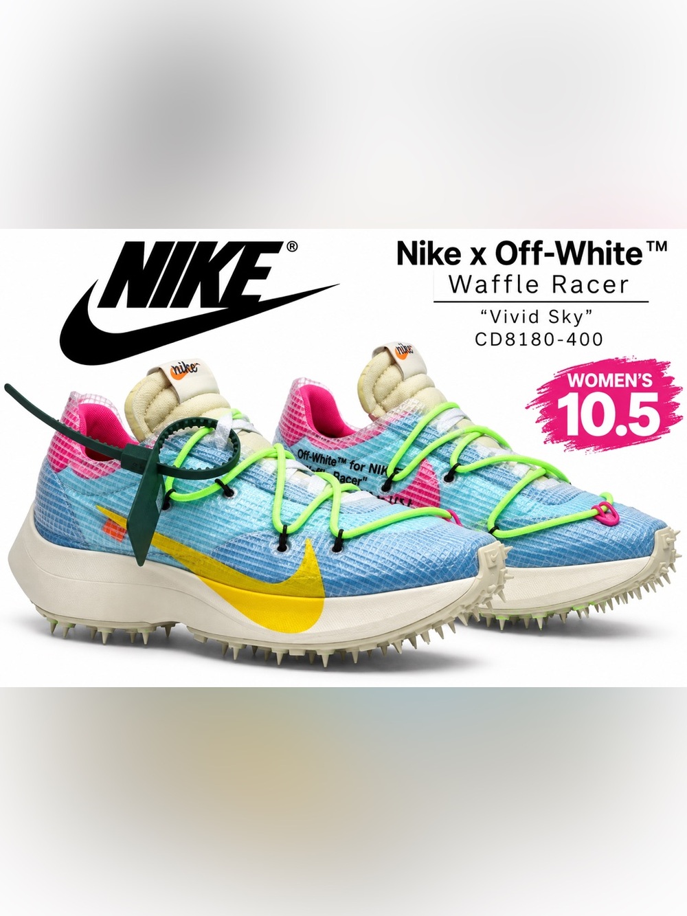 Nike x Off-White Waffle Racer Vivid Sky Womenโs 10.5 CD8180-400